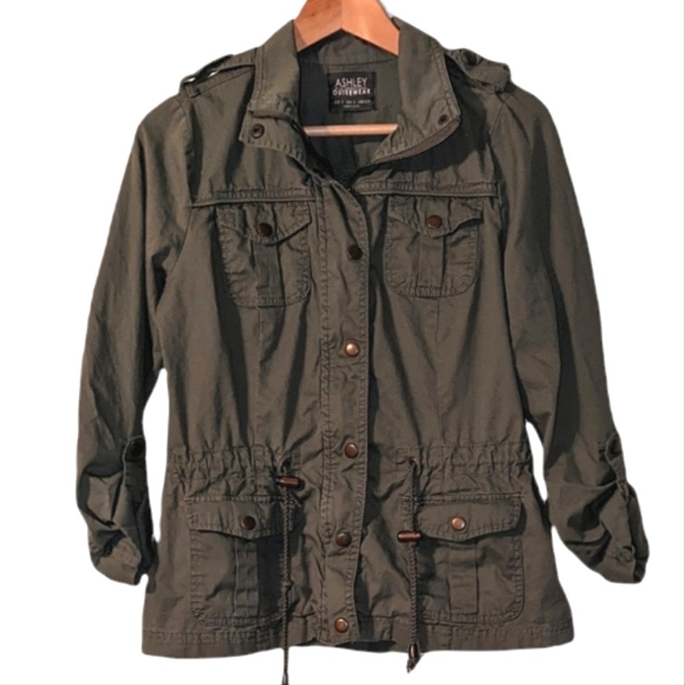 Ashley International Military Cotton Olive Zip Pull Tab Elastic Utility Jacket - Picture 1 of 15